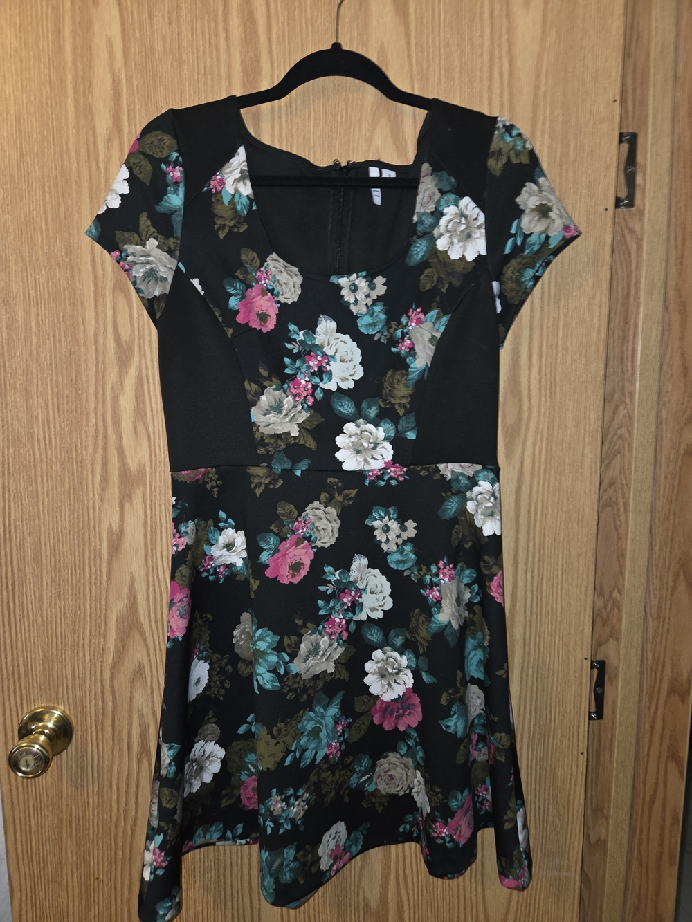 Elle Black Mini Dress with Pink, Teal, White & Olive Floral Print